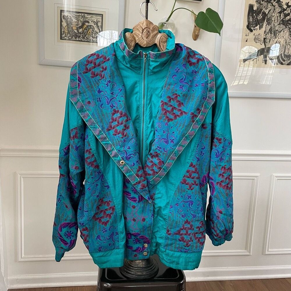 Vintage 90s 94 Lady Lavon Teal Satin Print Winderbreaker Jacket 1X